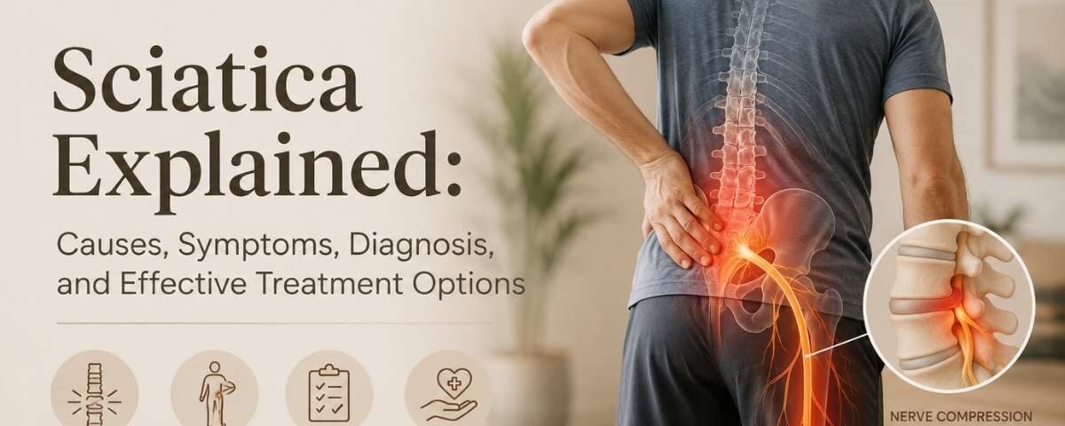 Sciatica causes, symptoms, diagnosis, and effective treatment options illustrated with sciatic nerve pain anatomy by ELORA MD.