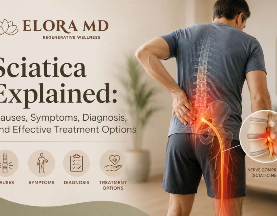 Sciatica causes, symptoms, diagnosis, and effective treatment options illustrated with sciatic nerve pain anatomy by ELORA MD.