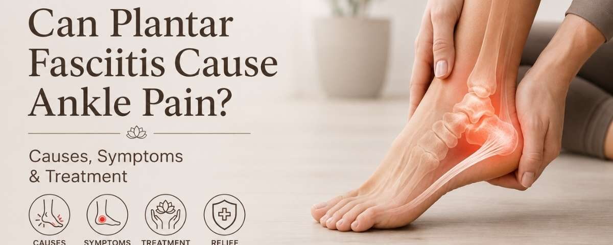 Illustration showing plantar fasciitis and ankle pain caused by altered foot mechanics