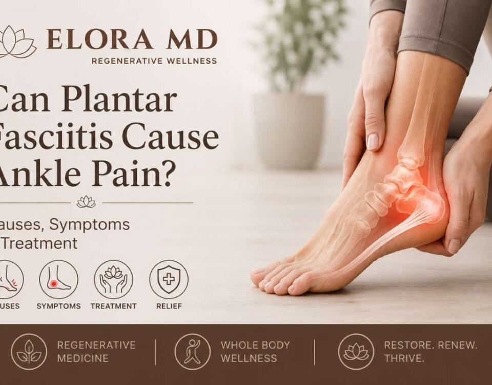 Illustration showing plantar fasciitis and ankle pain caused by altered foot mechanics